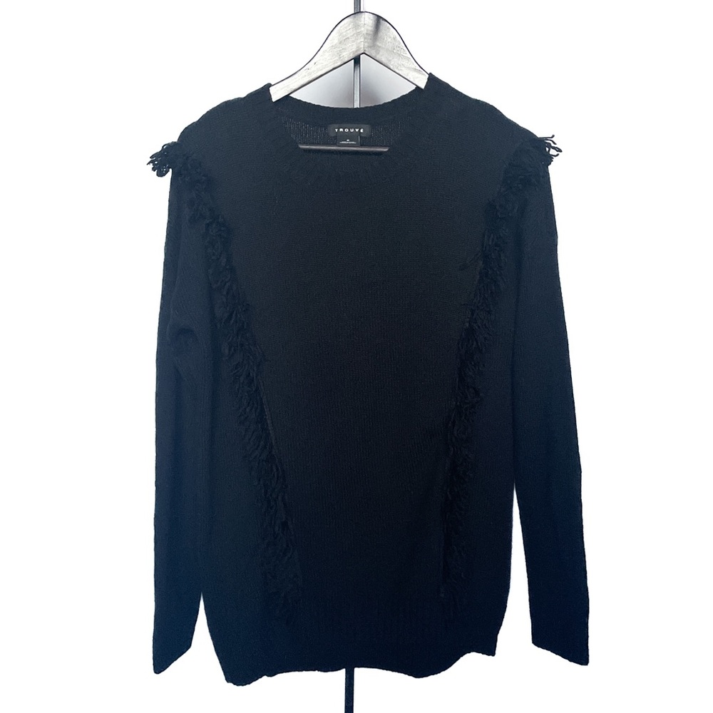 Trouvé Front Fringe Details Sweater Black Merino Wool Blend Pullover Women M